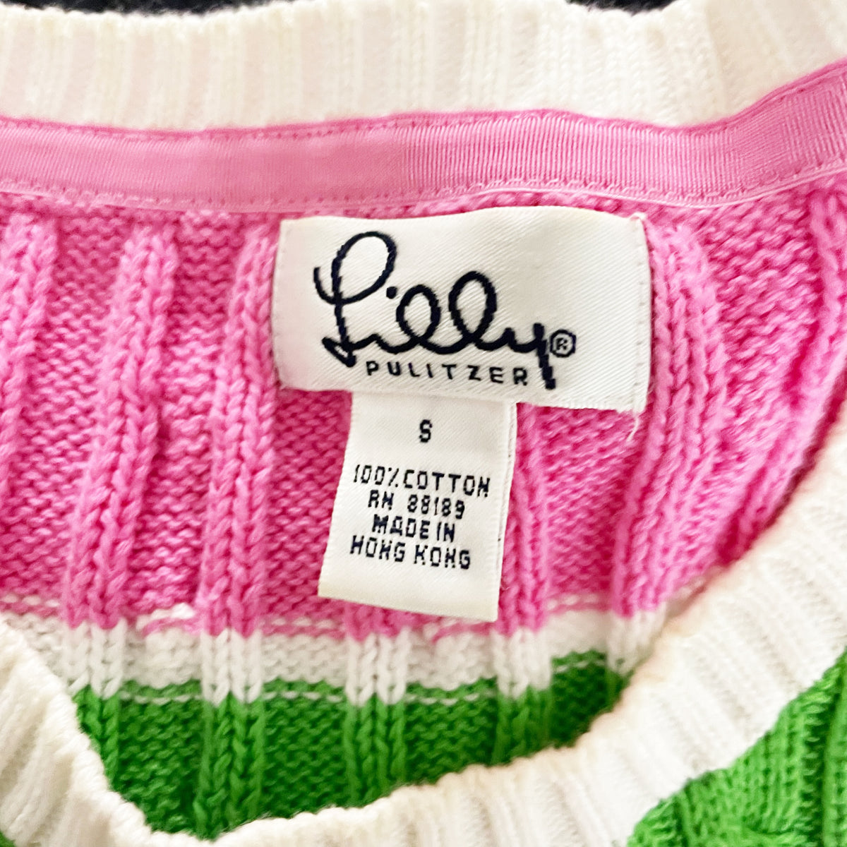 Lilly Pulitzer Vintage White Label Cotton Pink Green Stripe Crew Neck Sweater S