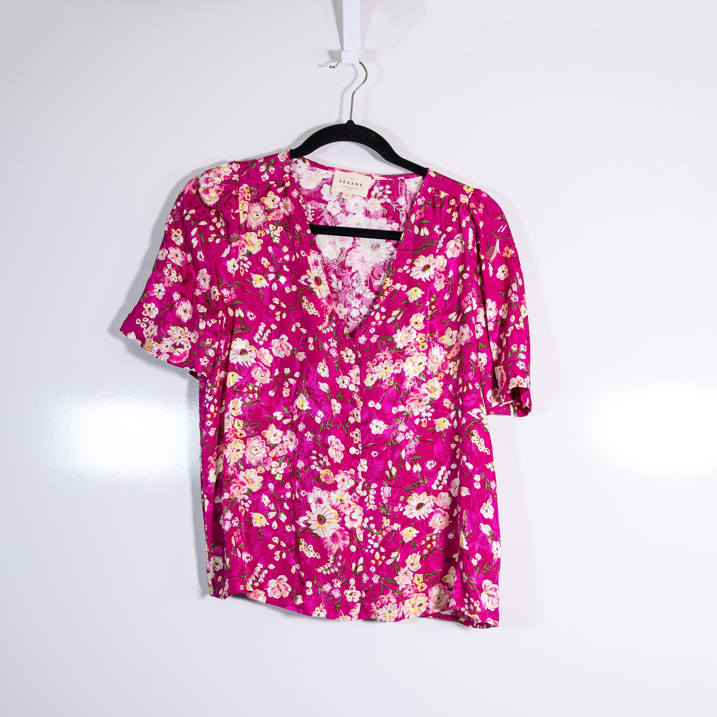 Sezane Dira Satin V Neck Button Front Short Sleeve Minorca Print Pattern Pink S