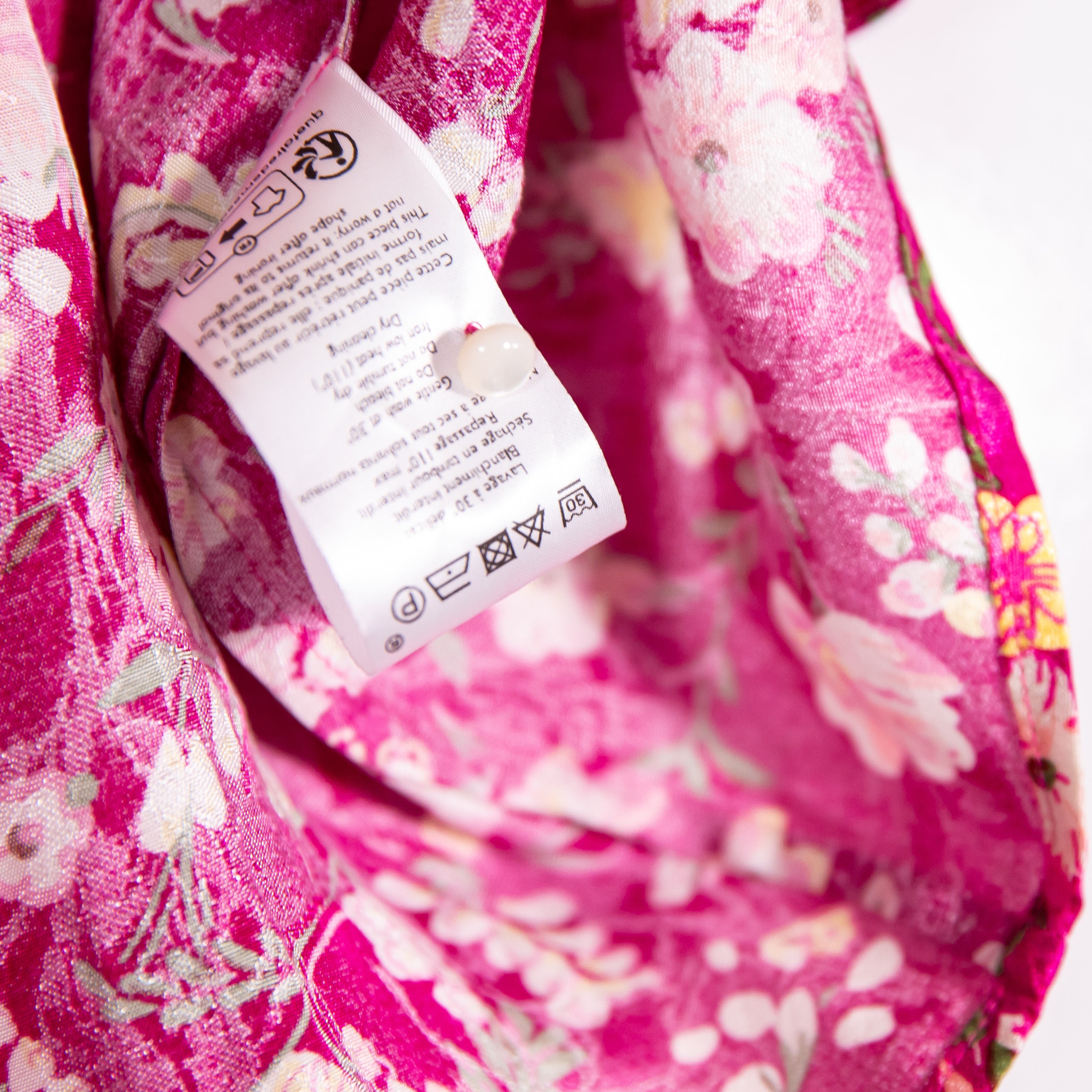 Sezane Dira Satin V Neck Button Front Short Sleeve Minorca Print Pattern Pink S