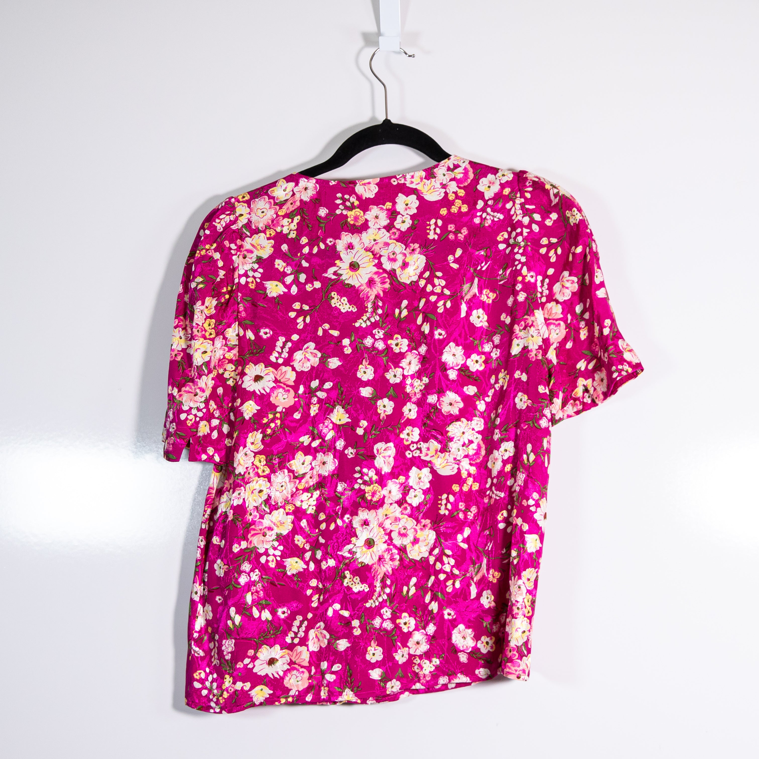 Sezane Dira Satin V Neck Button Front Short Sleeve Minorca Print Pattern Pink S