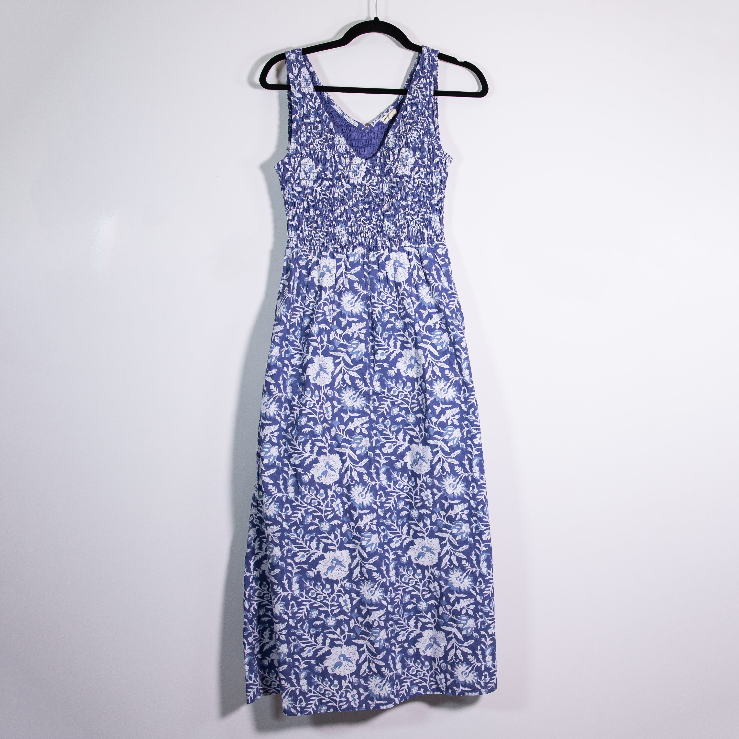 Marea Cora Cotton Poplin Smocked V Neck Midi Dress Indigo Blossom Floral Print S