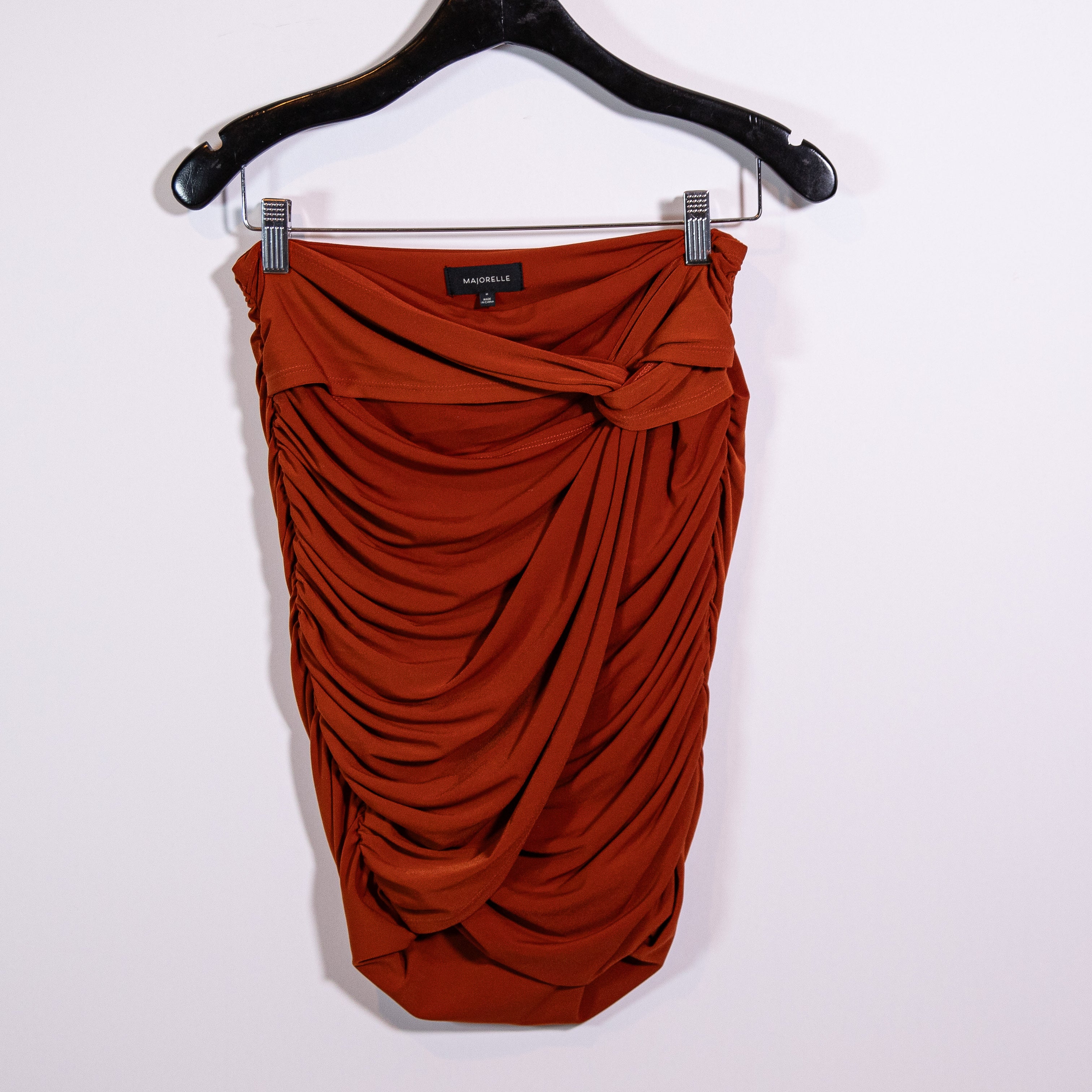 Majorelle Destiny Ruched Jersey Knit Stretch Twist Knot Skirt Mahogany Brown M