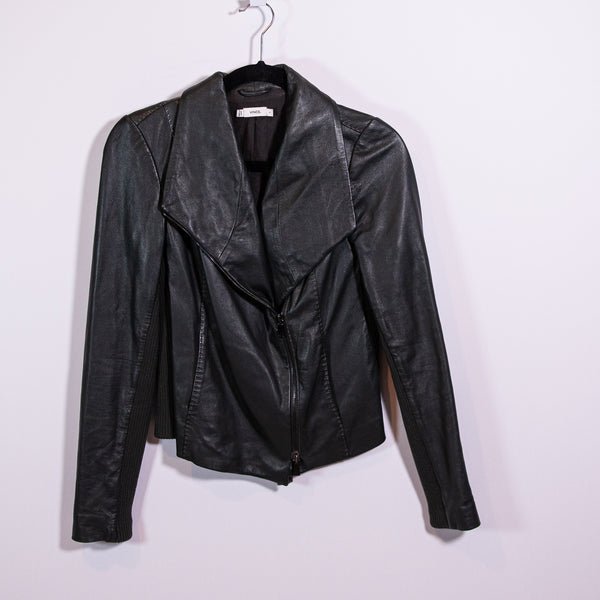 Vince Women's Genuine Lamb Leather Spread Collar Moto Full Zip Jacket Black S