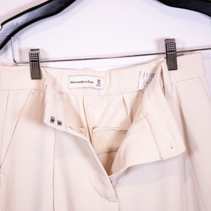 NEW Abercrombie &amp; Fitch Crepe Mid Rise Wide Leg Trouser Pants Ivory 0 Short