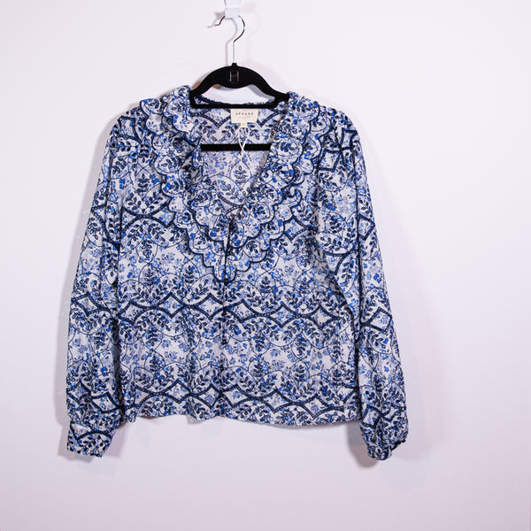 Sezane Oceana Primrose Blue White Floral Flower Ruffle Eyelet Lace Blouse Shirt