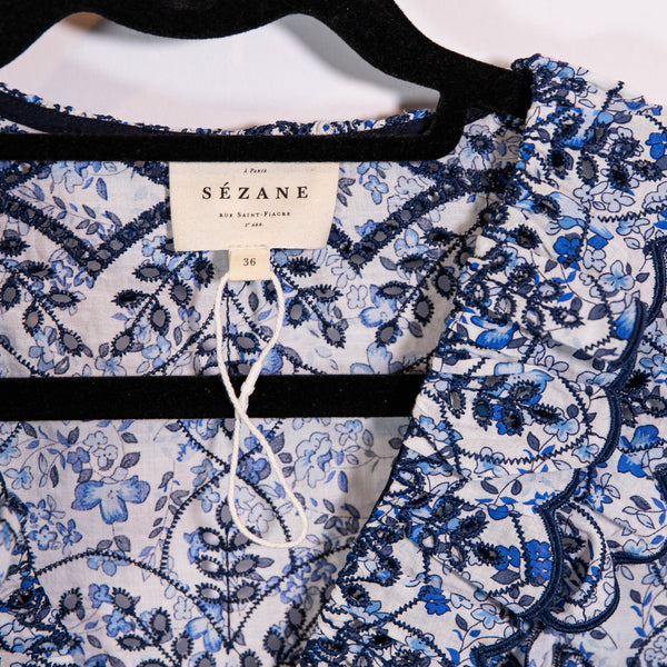 Sezane Oceana Primrose Blue White Floral Flower Ruffle Eyelet Lace Blouse Shirt