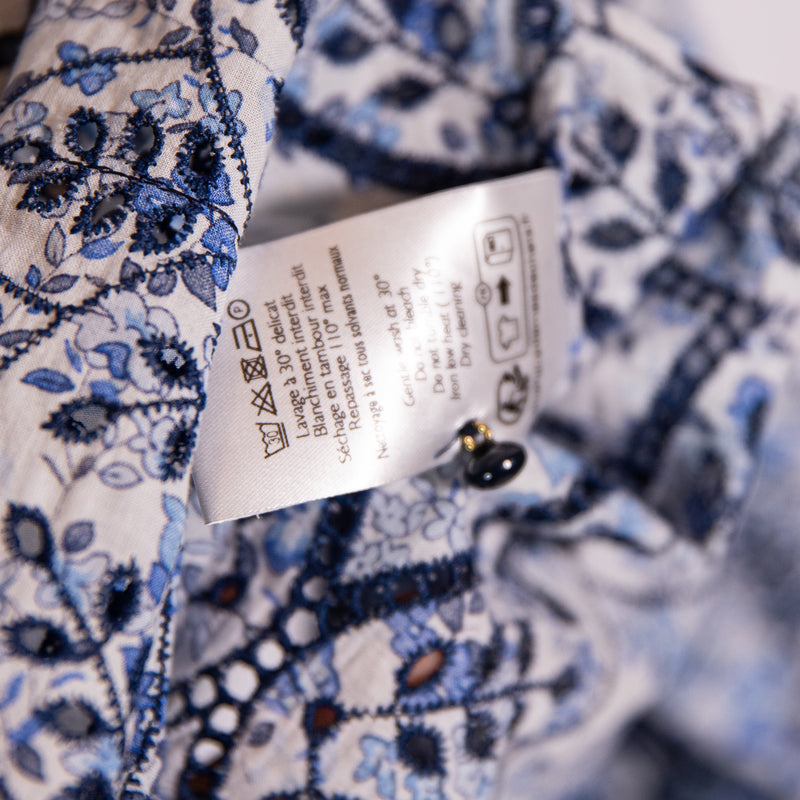 Sezane Oceana Primrose Blue White Floral Flower Ruffle Eyelet Lace Blouse Shirt