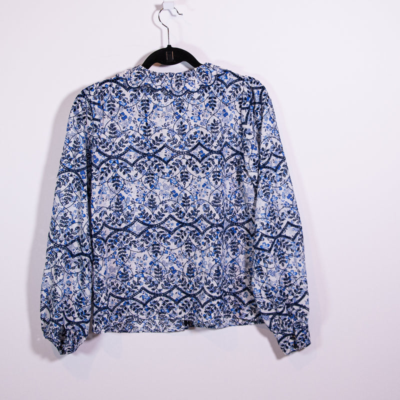 Sezane Oceana Primrose Blue White Floral Flower Ruffle Eyelet Lace Blouse Shirt