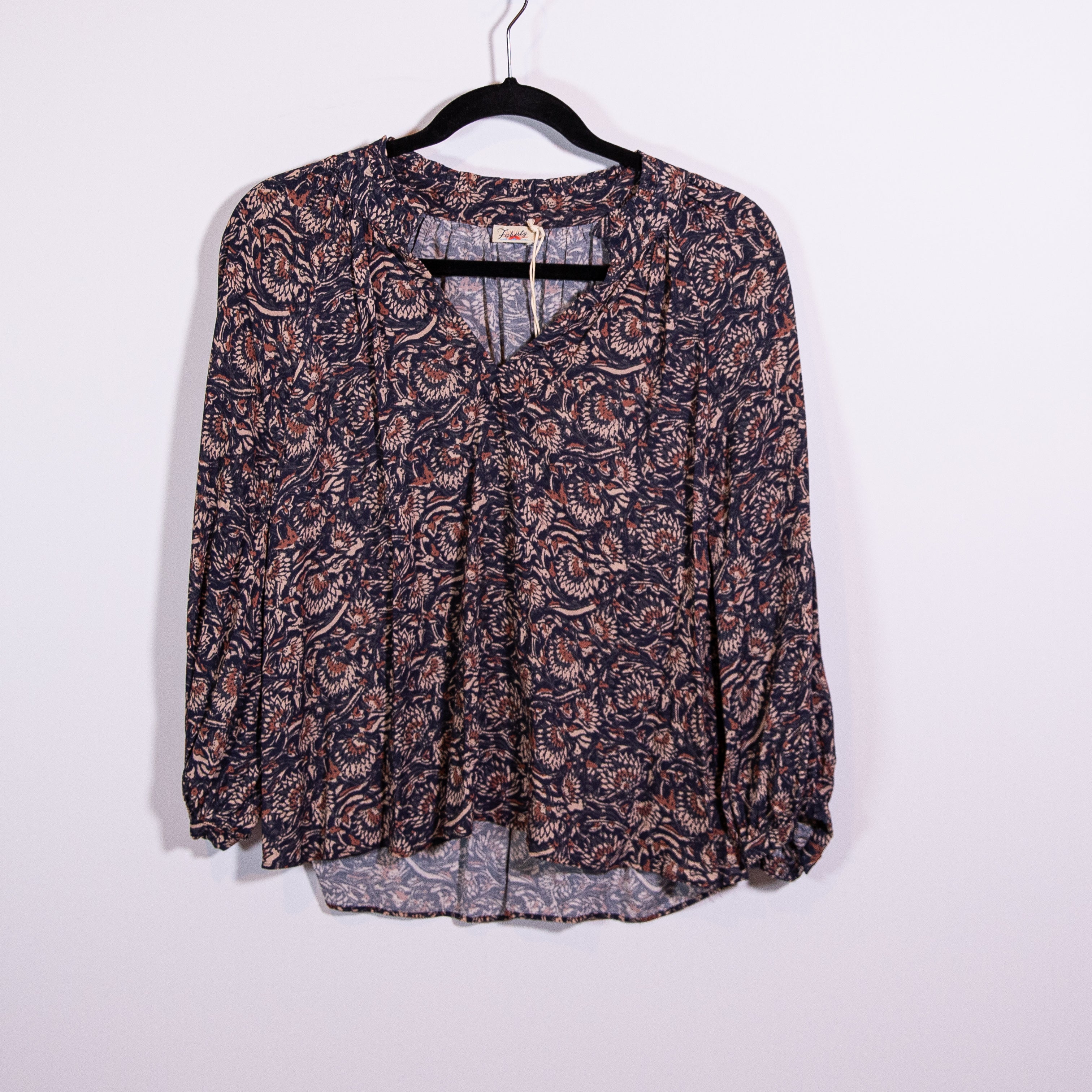 Faherty Portia Quarter Sleeve V Neck Artisan Block Print Pattern Blouse Shirt S