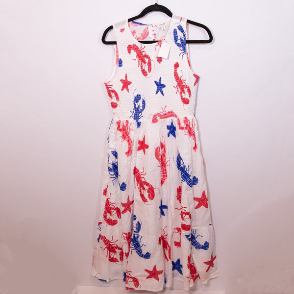 NEW J. Crew Lobster Crab Seafood Nautical Print Pattern Smocked Midi Dress Small