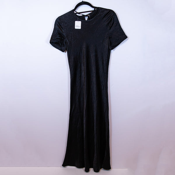 NEW Free People Third Form Black Textured Satin Short Sleeve Slip Midi Dress 4