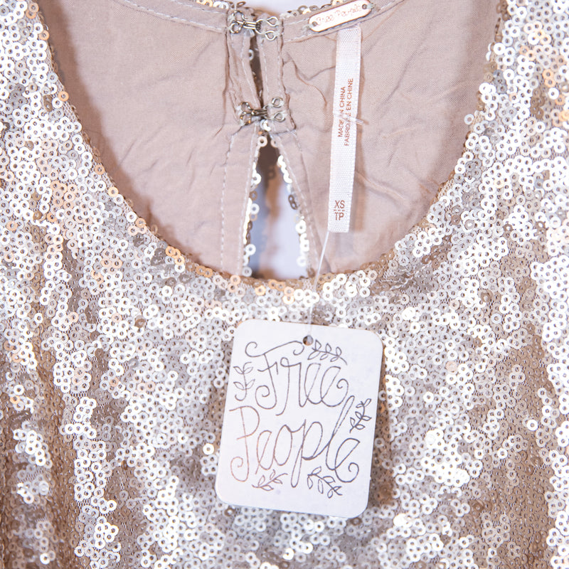 NEW Free People Liquid Shine Rose Gold Metallic Sparkle Sequin Mini Dress XS