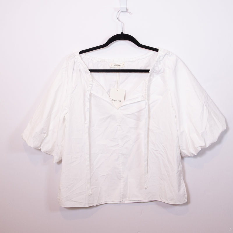 NEW Everlane The Supima Cotton Poplin Puff Half Sleeve Tie Front Blouse Shirt S