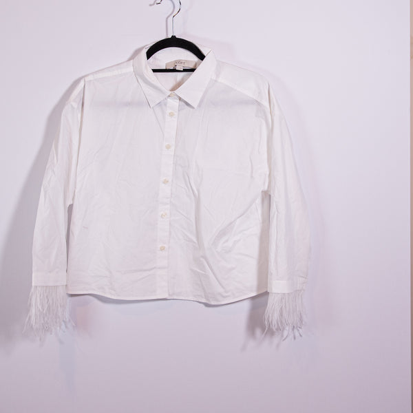 NEW Ann Taylor Cotton Poplin Collared Button Front Feather Trim Sleeve Blouse S