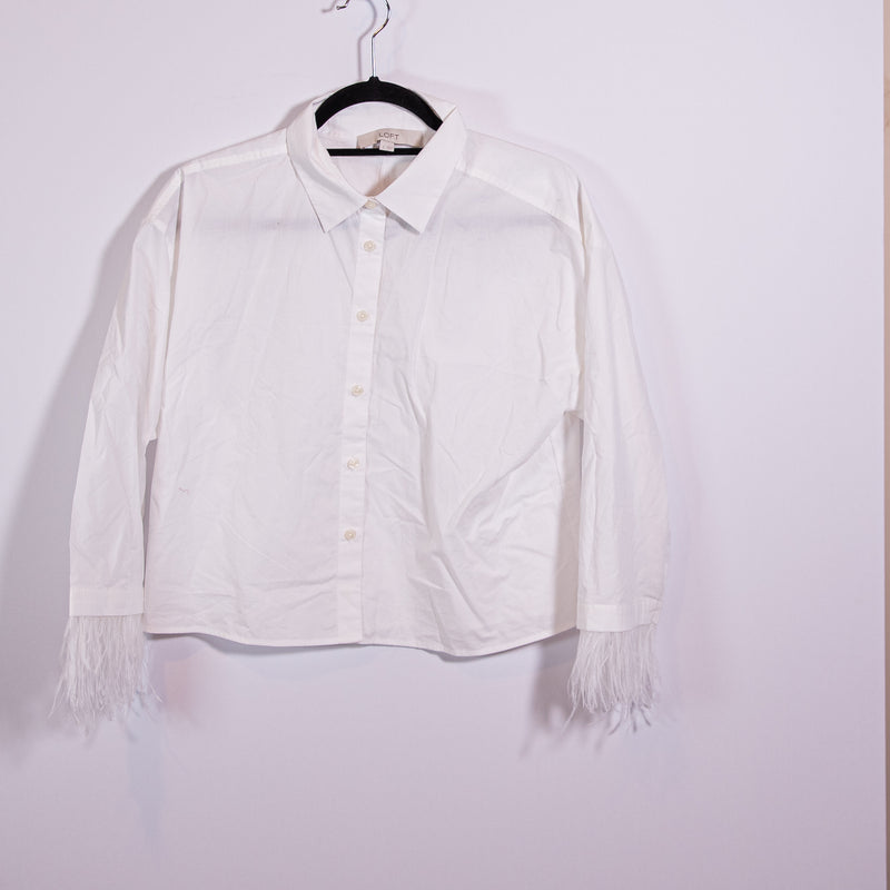 NEW Ann Taylor Cotton Poplin Collared Button Front Feather Trim Sleeve Blouse S