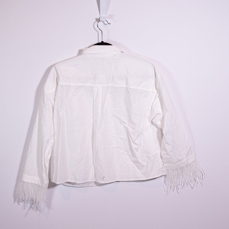 NEW Ann Taylor Cotton Poplin Collared Button Front Feather Trim Sleeve Blouse S