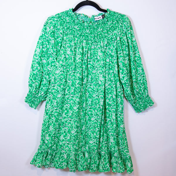 Rixo Cotton Poplin Printed Green White Azalea Floral Mini Pullover Dress Large