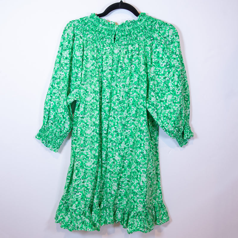 Rixo Cotton Poplin Printed Green White Azalea Floral Mini Pullover Dress Large