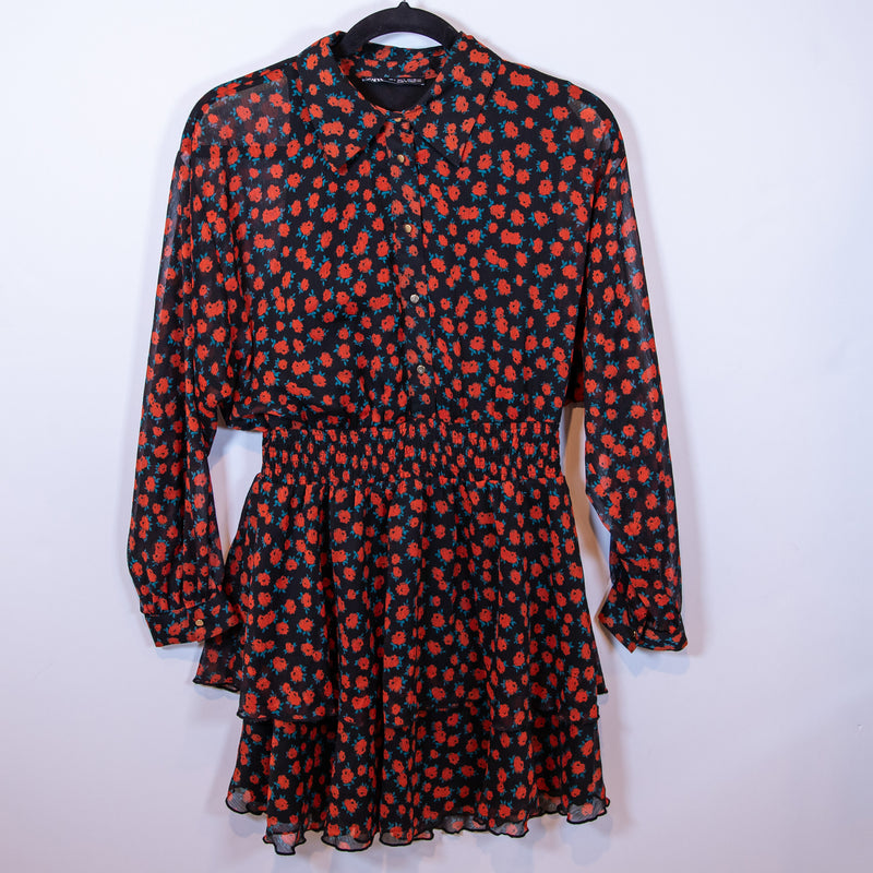 Zara Red Black Poppy Micro Floral Flower Print Pattern Smocked Collar Dress L