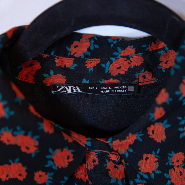 Zara Red Black Poppy Micro Floral Flower Print Pattern Smocked Collar Dress L