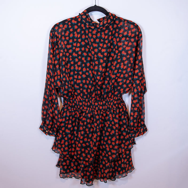 Zara Red Black Poppy Micro Floral Flower Print Pattern Smocked Collar Dress L