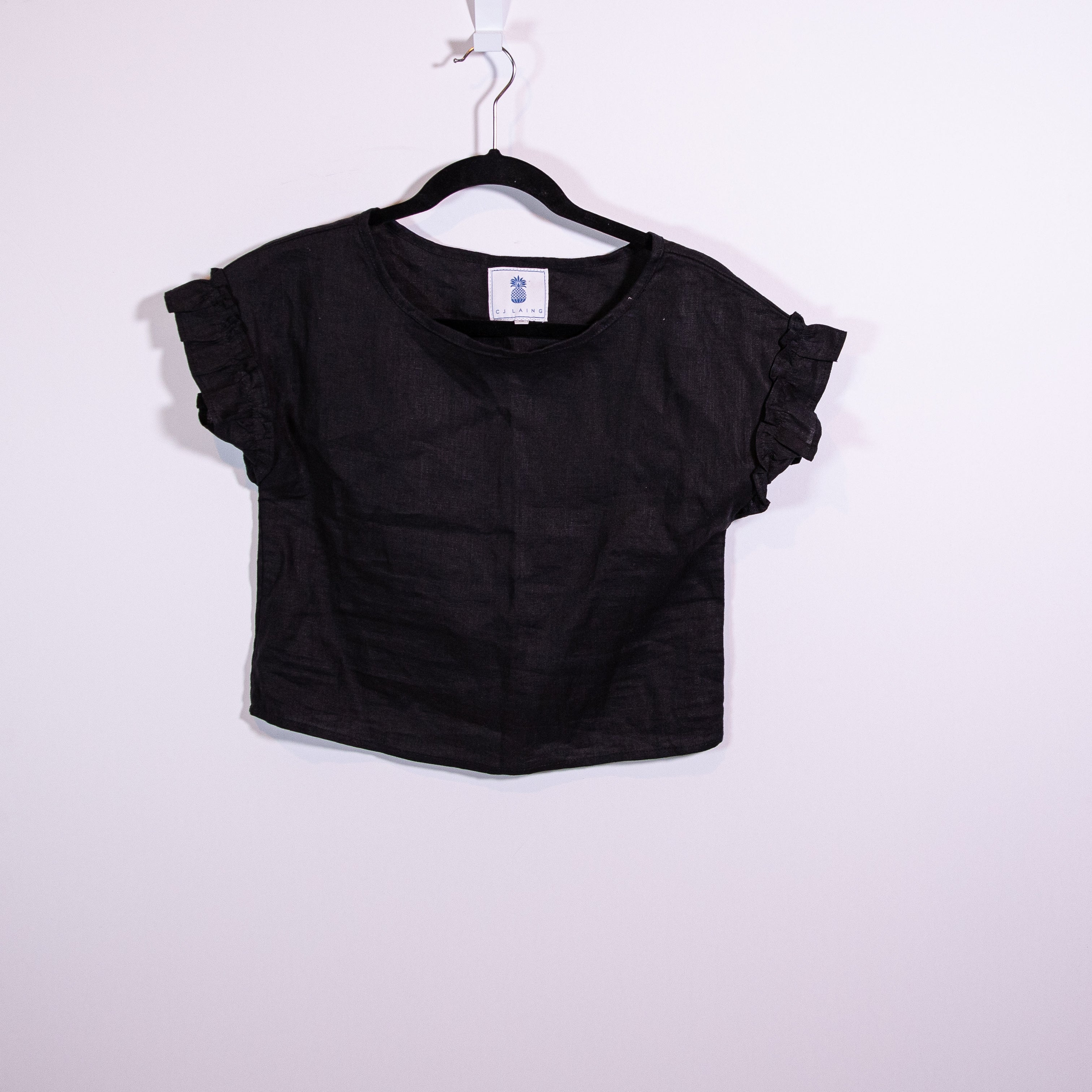 CJ Laing Linen Lightweight Ruffle Short Sleeve Semi Cropped Blouse Shirt Top XS