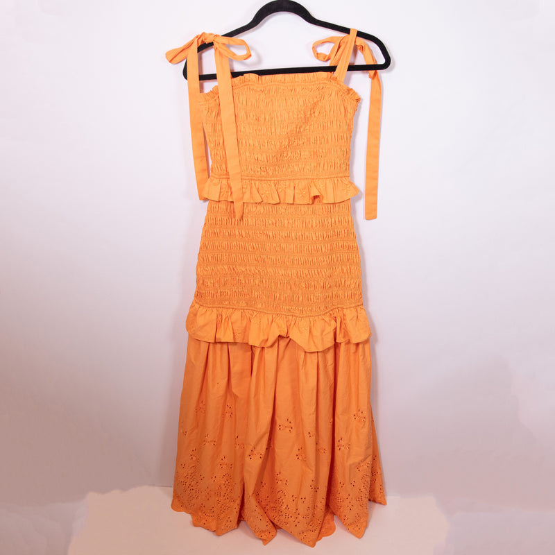 Endless Rose Sunset Cotton Poplin Smocked Eyelet Tiered Long Maxi Dress Orange