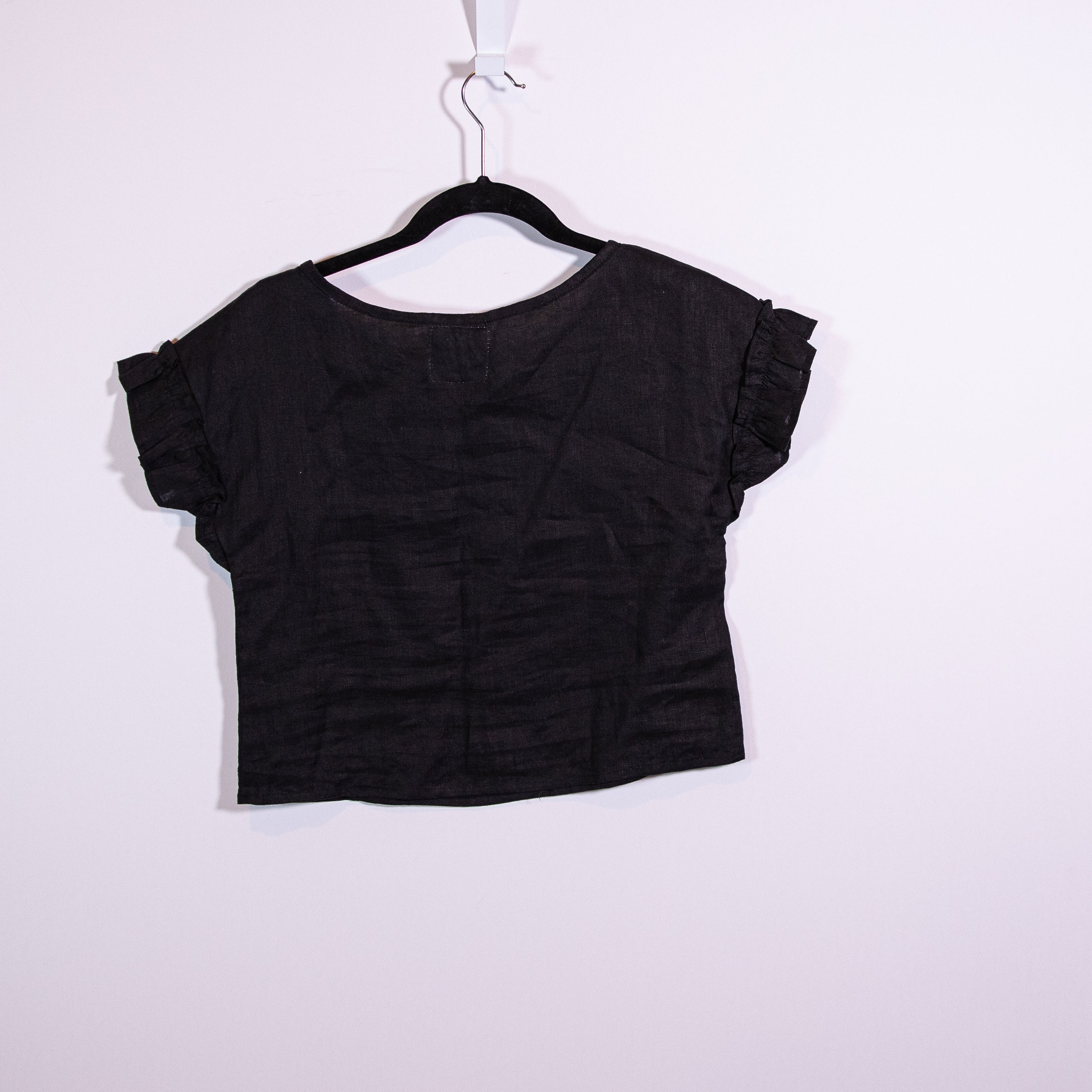 CJ Laing Linen Lightweight Ruffle Short Sleeve Semi Cropped Blouse Shirt Top XS