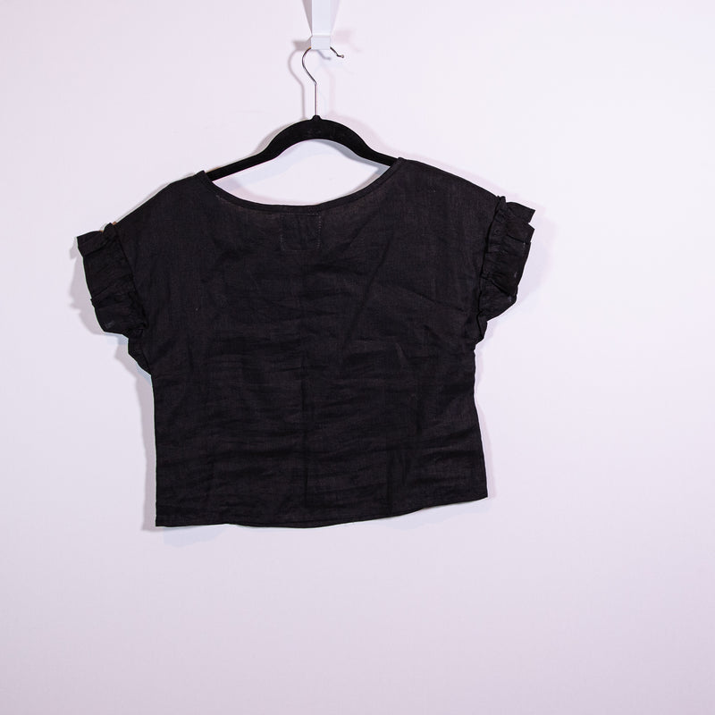 CJ Laing Linen Lightweight Ruffle Short Sleeve Semi Cropped Blouse Shirt Top XS