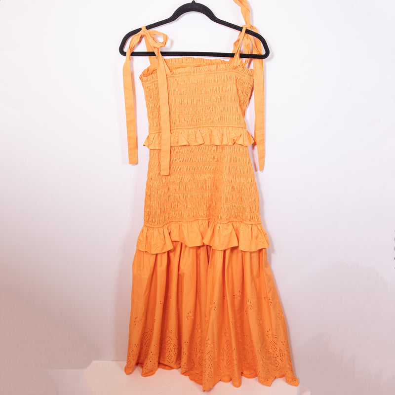 Endless Rose Sunset Cotton Poplin Smocked Eyelet Tiered Long Maxi Dress Orange