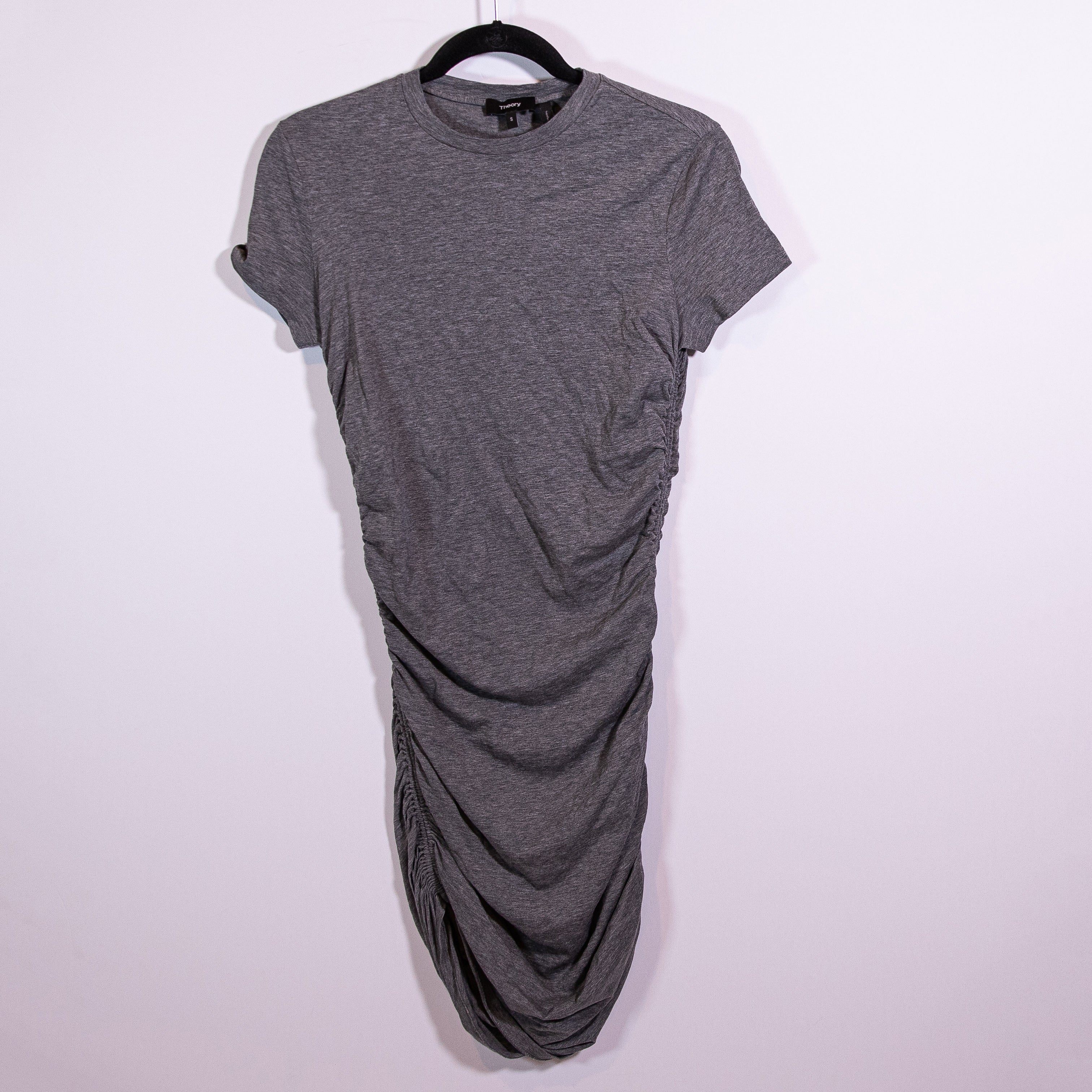 Theory Women's Apex Tiny Tee Ruched Cotton Stretch Knit Mini Gray Dress Small