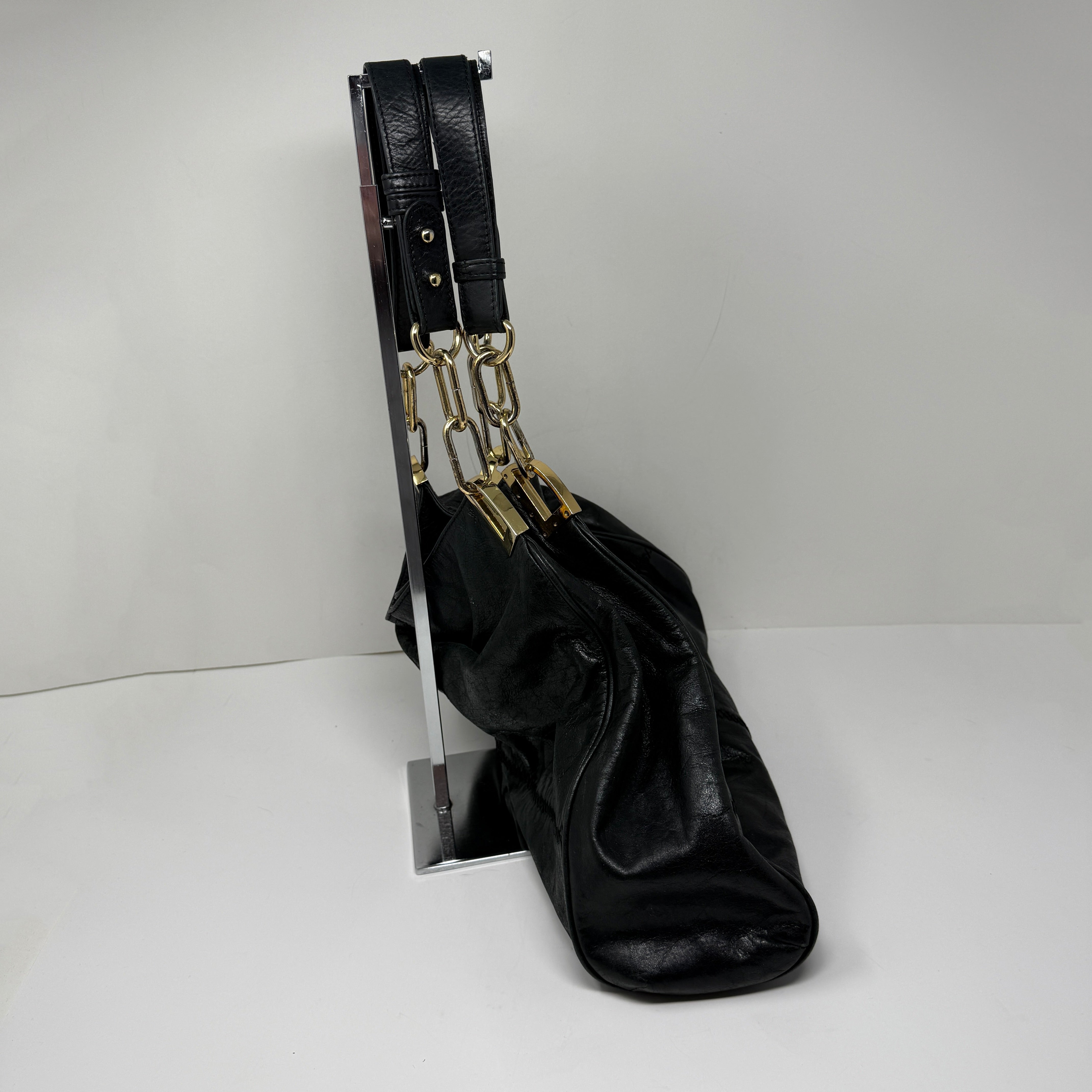 Badgley Mischka Gaia Genuine Leather Gold Chain Link Shoulder Purse Bag Black