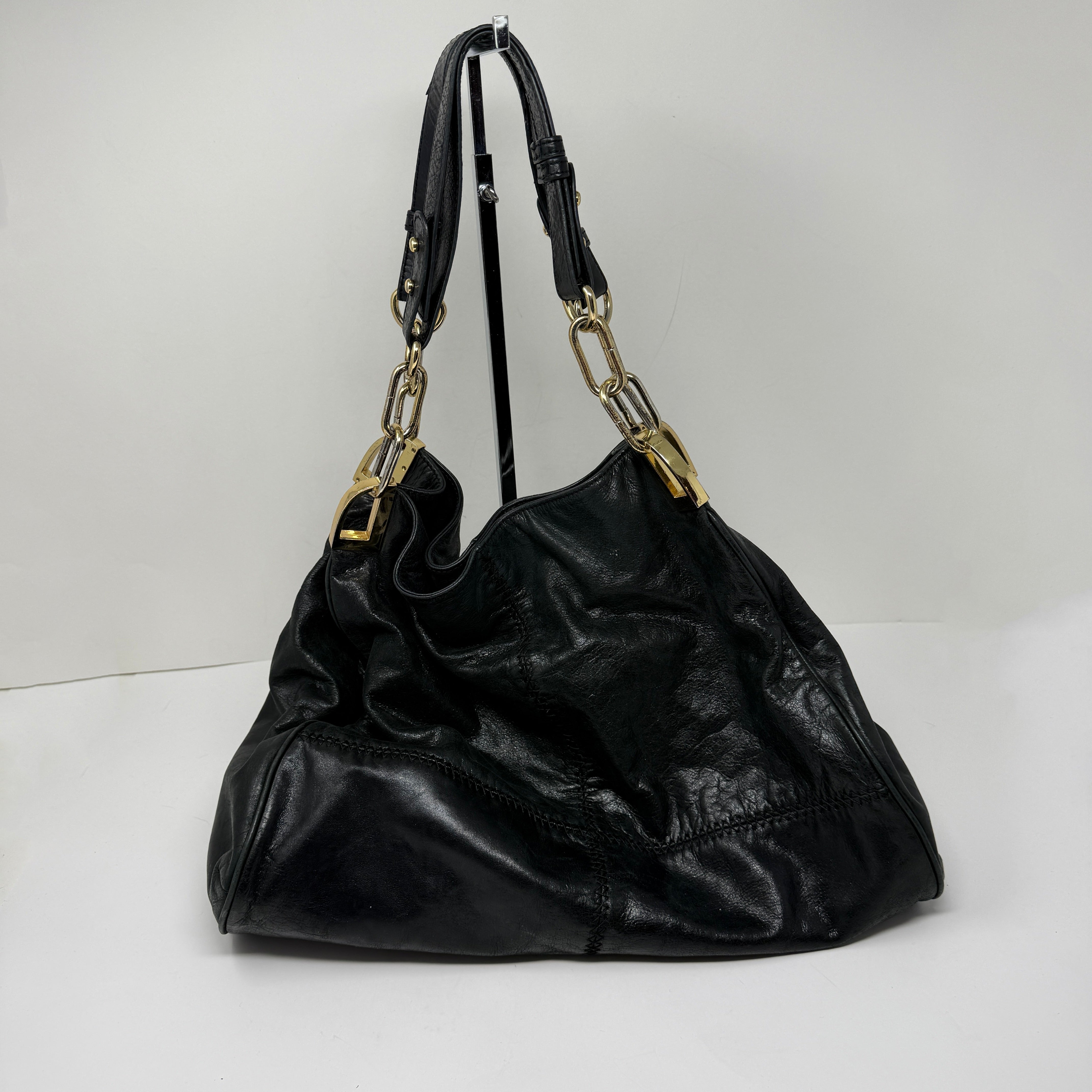 Badgley Mischka Gaia Genuine Leather Gold Chain Link Shoulder Purse Bag Black