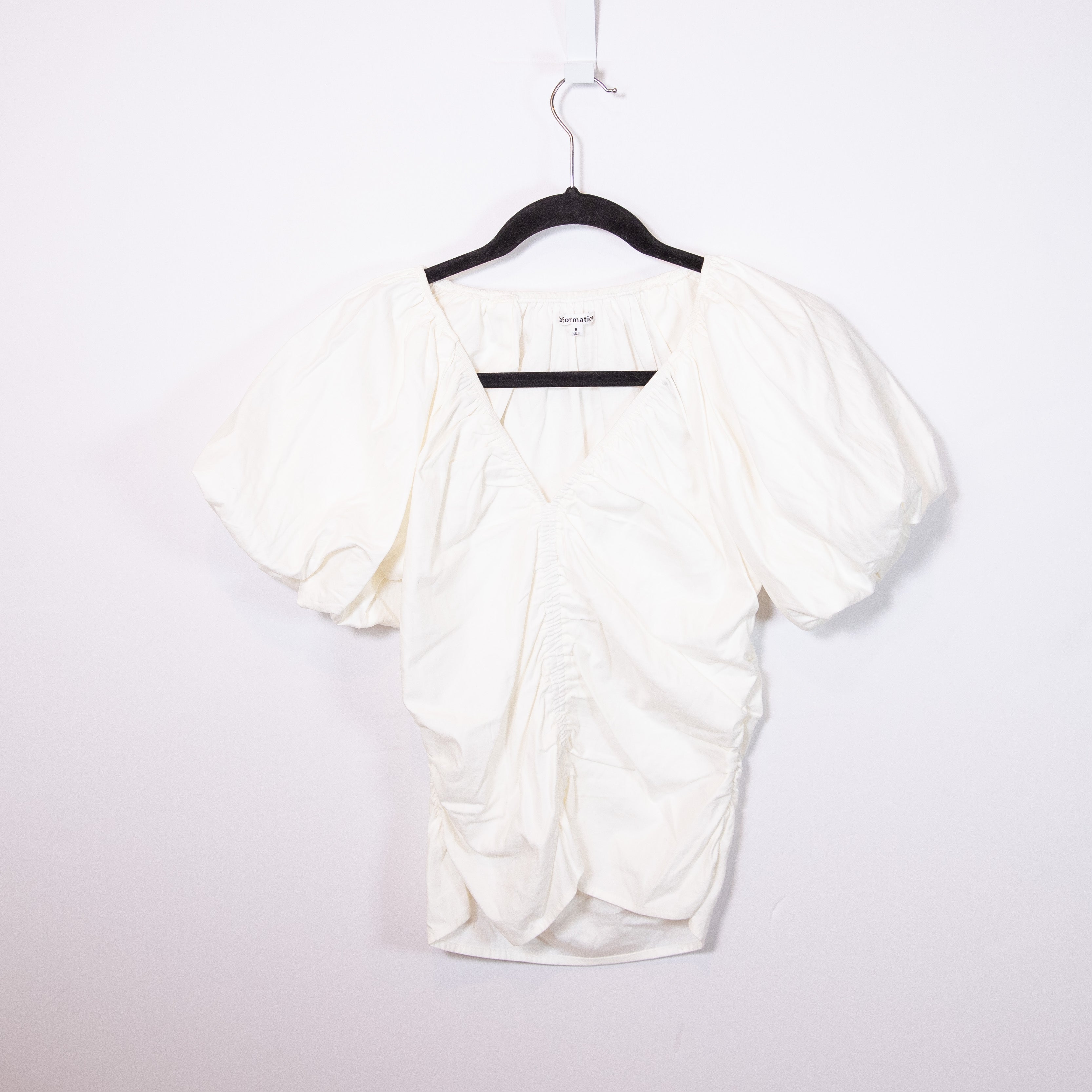 Reformation Sonny Organic Cotton Poplin Stretch Ruched Puff Short Sleeve Blouse