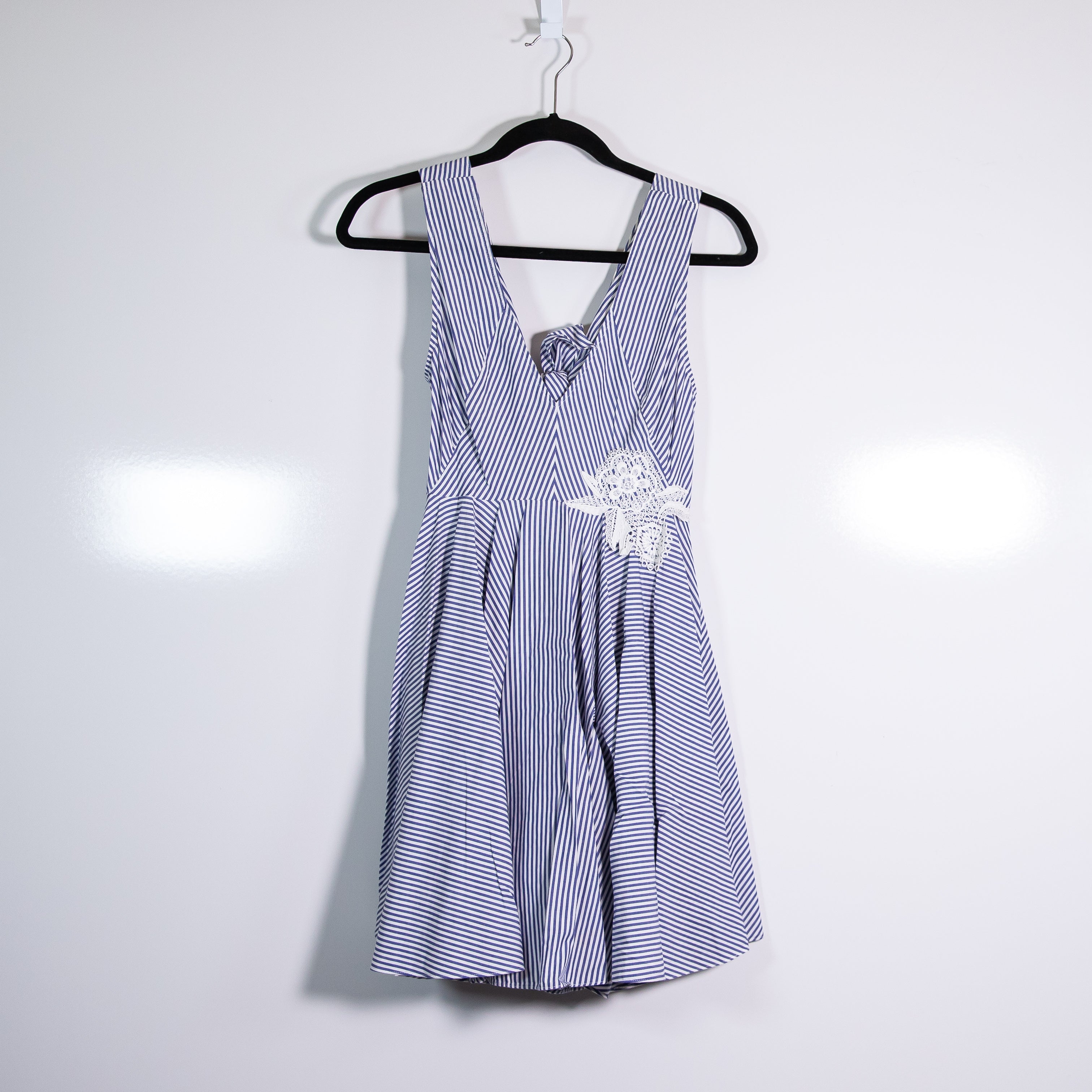 Sandro Cotton Poplin Blue White Pinstripe Floral Lace Applique Fit Flare Dress S