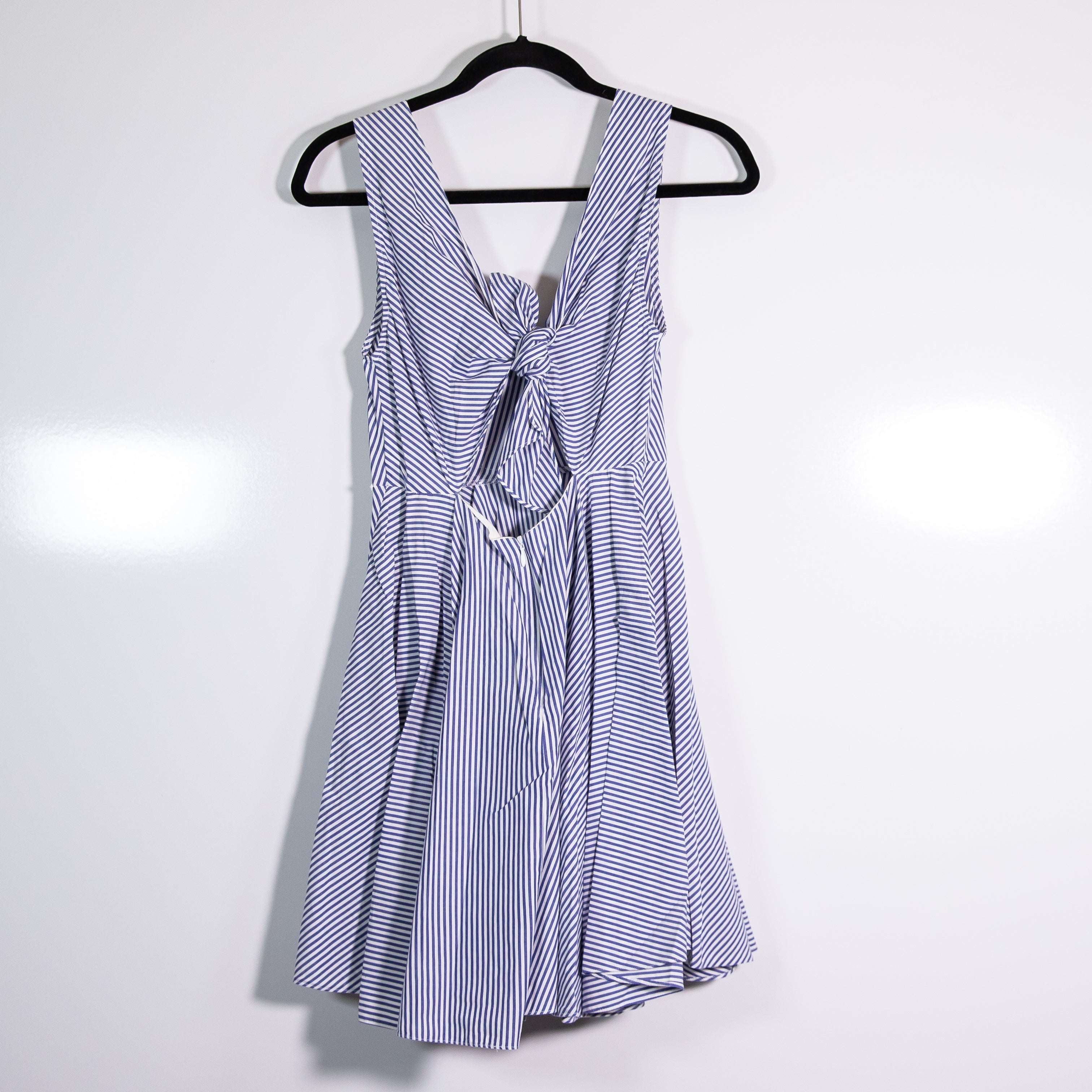 Sandro Cotton Poplin Blue White Pinstripe Floral Lace Applique Fit Flare Dress S