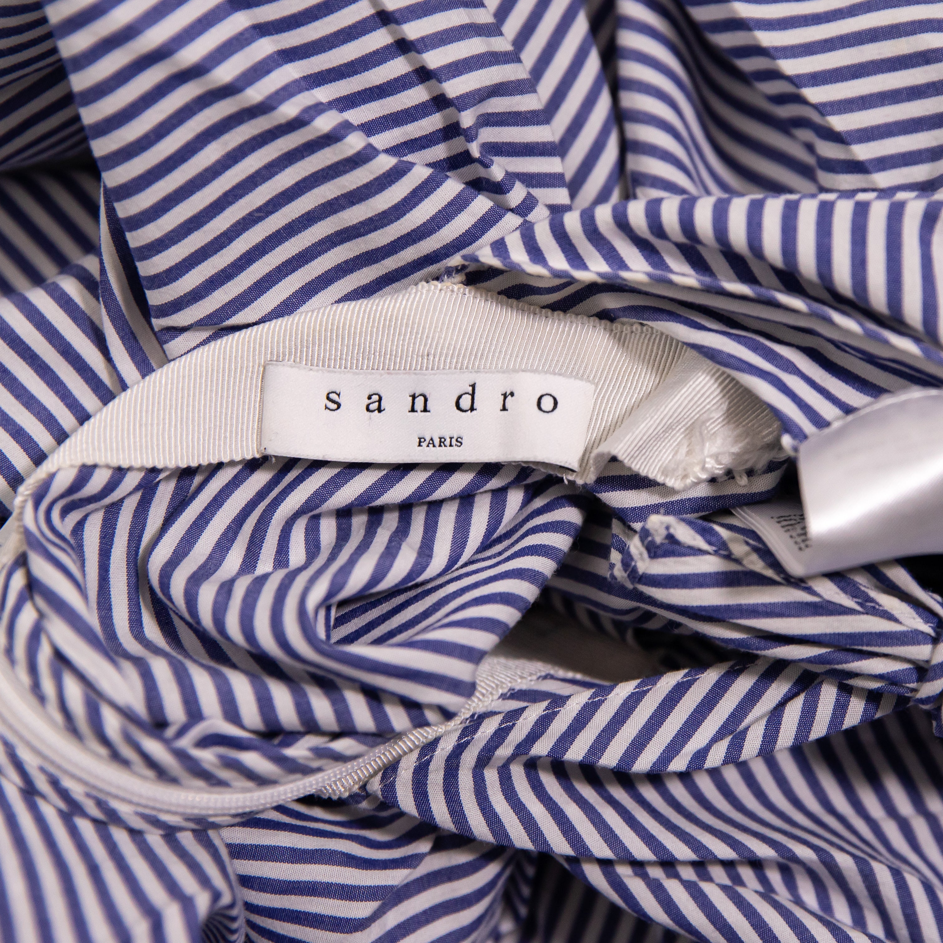 Sandro Cotton Poplin Blue White Pinstripe Floral Lace Applique Fit Flare Dress S