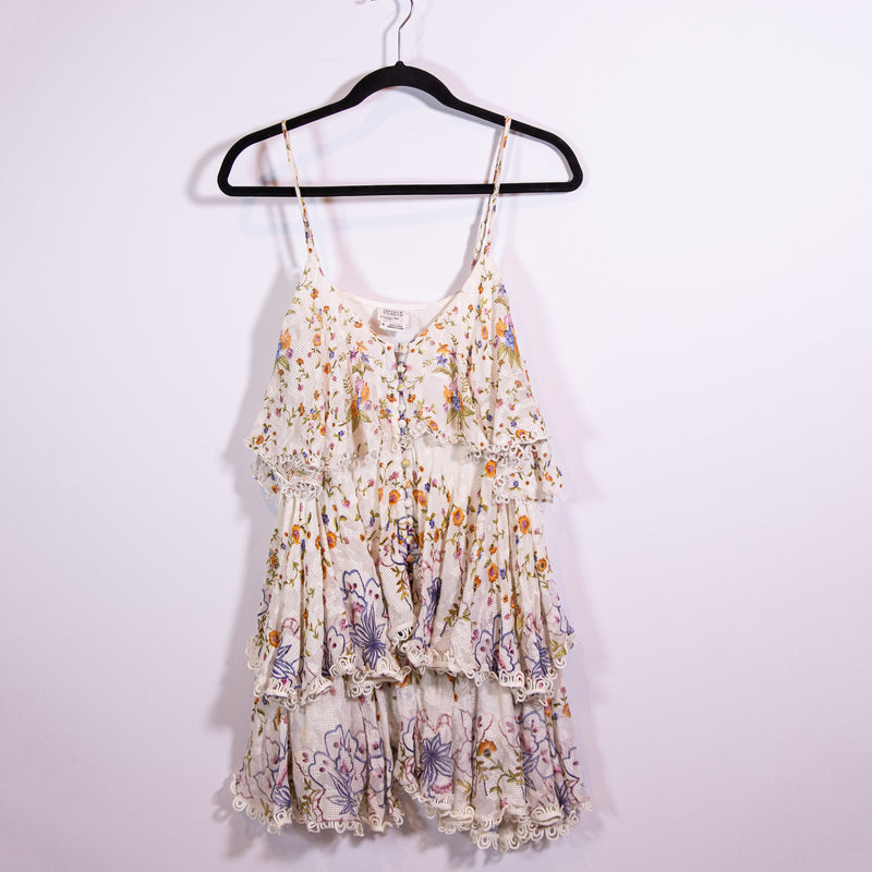 Hemant &amp; Nandita Hoor Floral Flower Tiered Ruffle Button Layered Mini Dress M