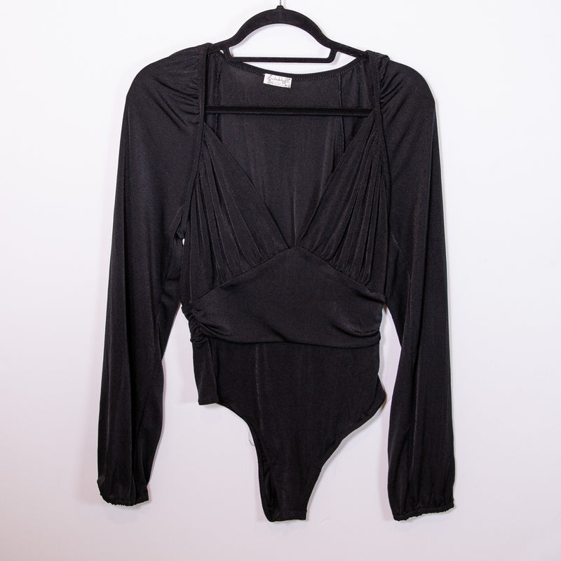 Free People In Your Arms Ruched Pleated Stretch VNeck Long Sleeve Bodysuit Black