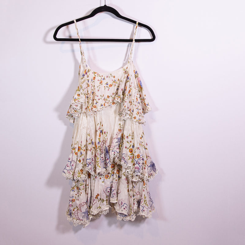 Hemant &amp; Nandita Hoor Floral Flower Tiered Ruffle Button Layered Mini Dress M