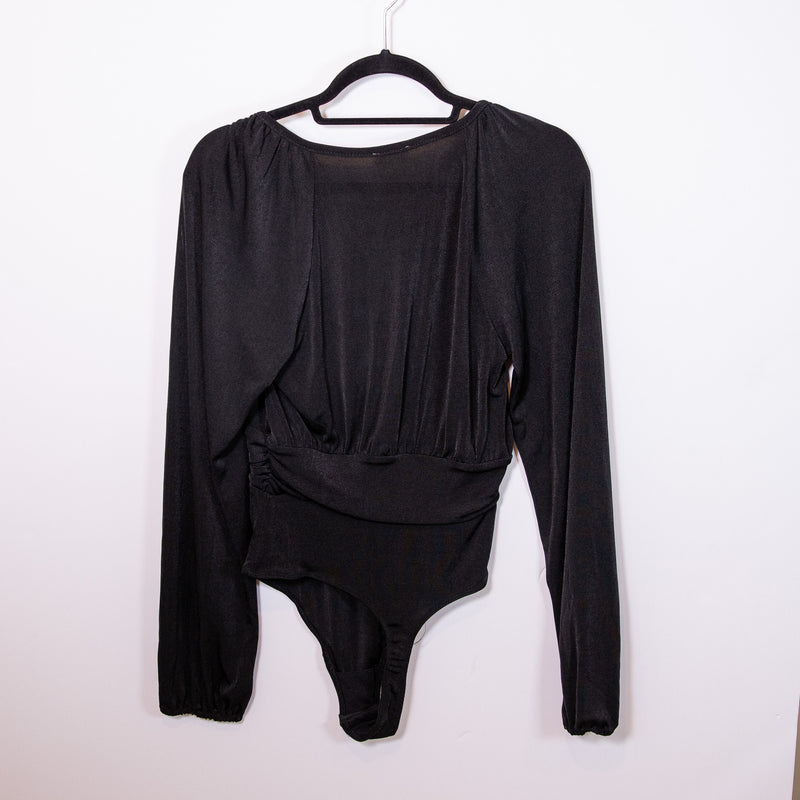 Free People In Your Arms Ruched Pleated Stretch VNeck Long Sleeve Bodysuit Black