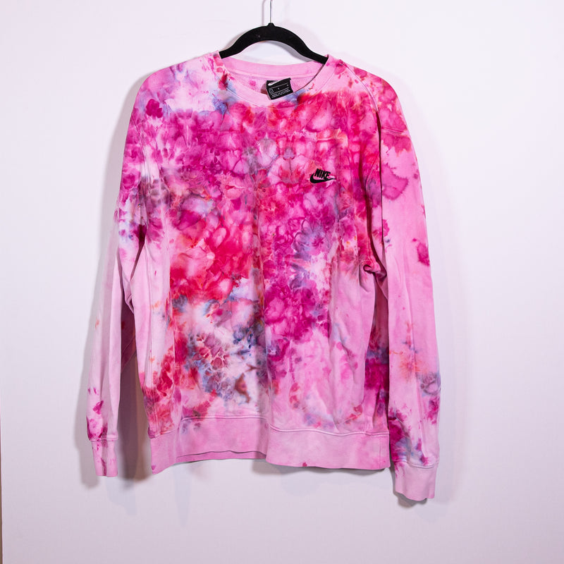 Nike Women's Cotton Terry Crew Neck Long Sleeve Pink Tie Dye Pullover Sweatshirt