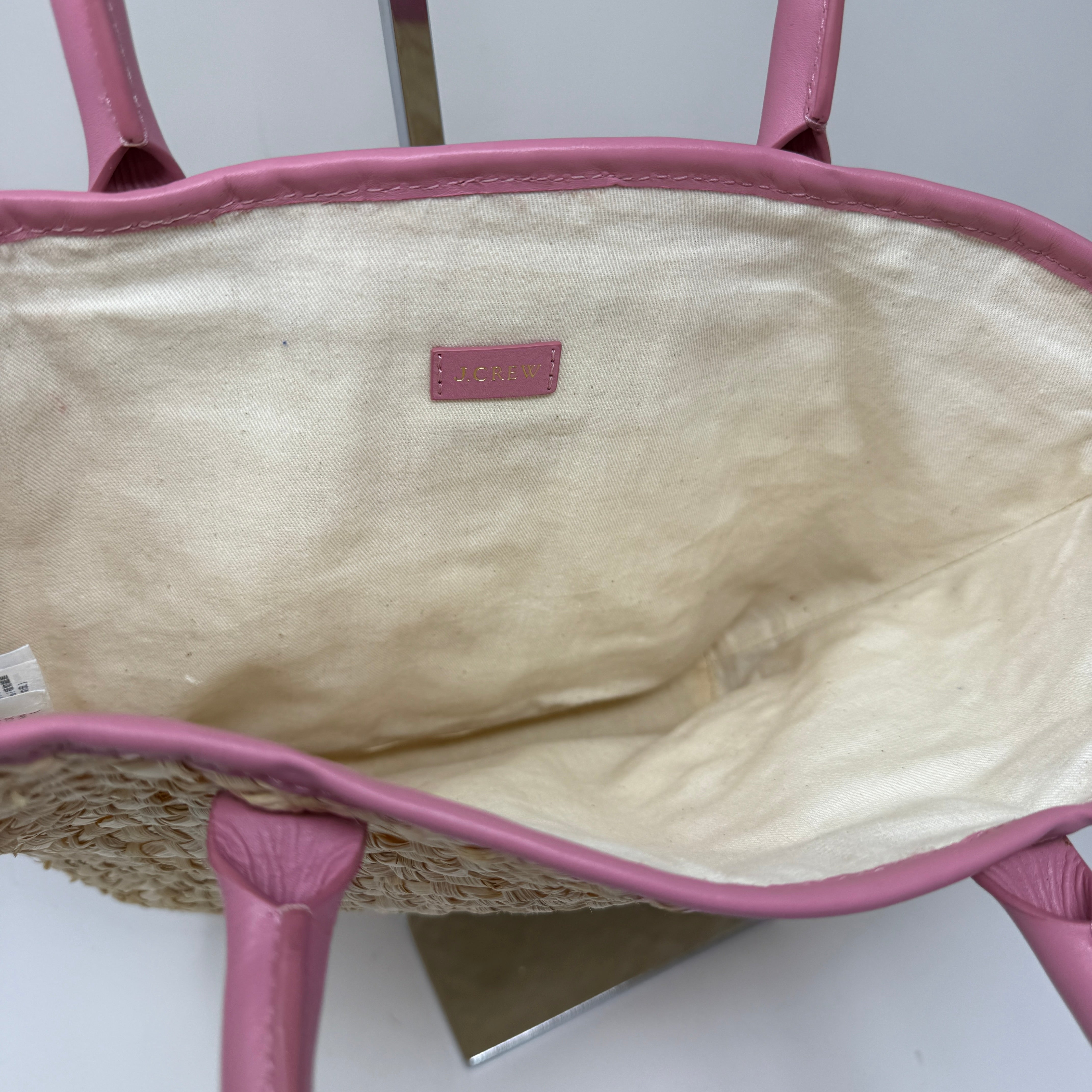J. Crew Woven Straw Raffia Genuine Leather Trim Beach Pool Bag Tote Purse Pink