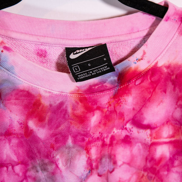 Nike Women's Cotton Terry Crew Neck Long Sleeve Pink Tie Dye Pullover Sweatshirt