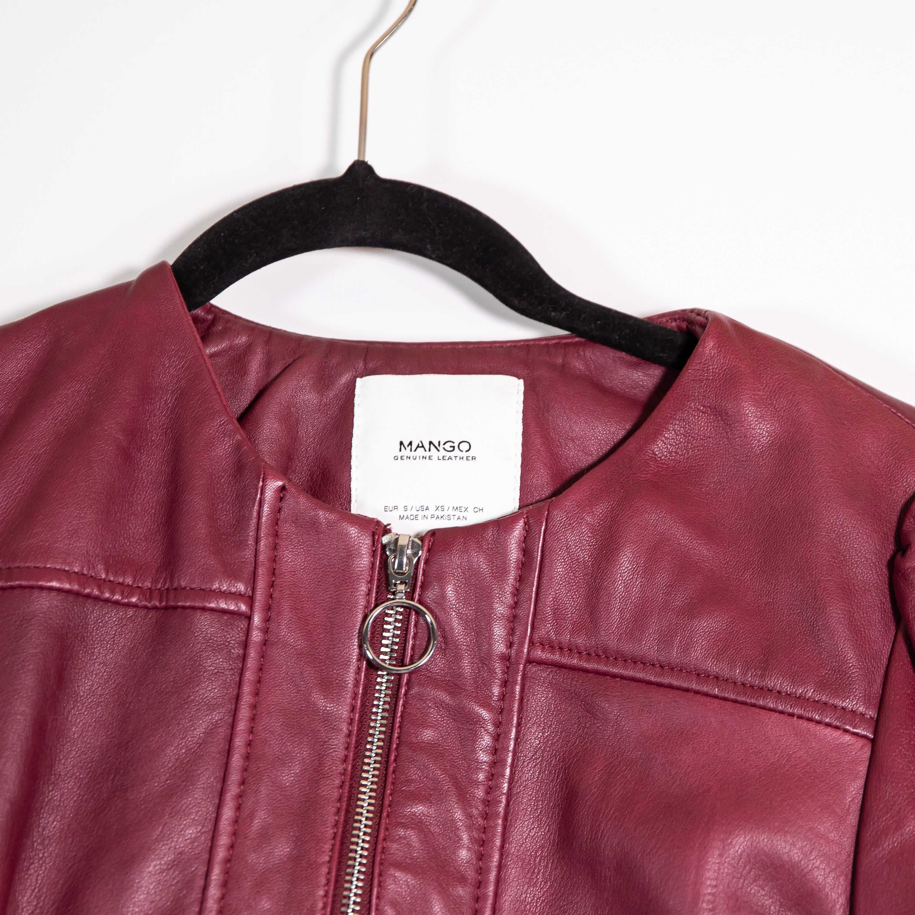 Mango Women's Genuine Leather Full Zip Up Ruffle Peplum Trim Jacket Burgandy XS