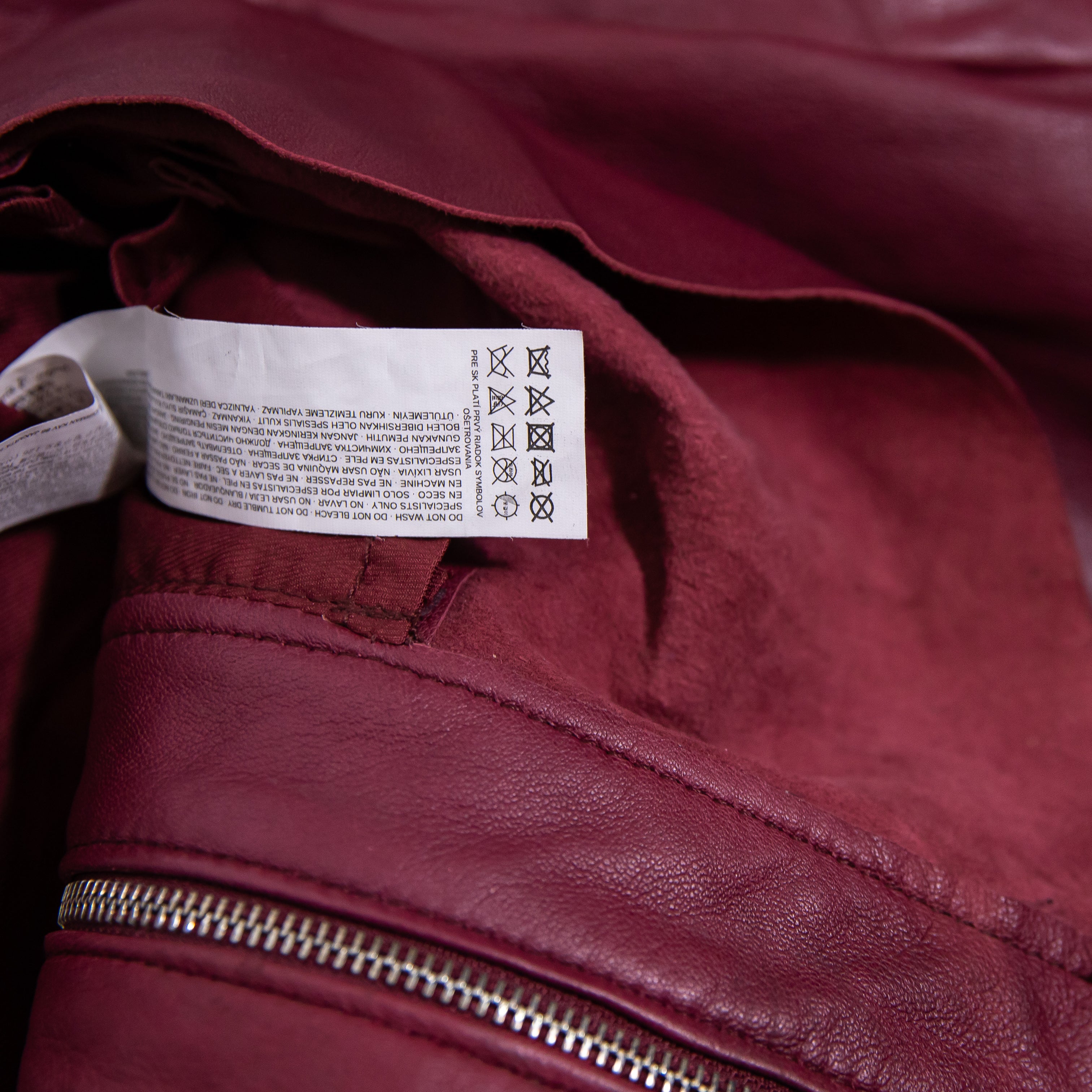 Mango Women's Genuine Leather Full Zip Up Ruffle Peplum Trim Jacket Burgandy XS