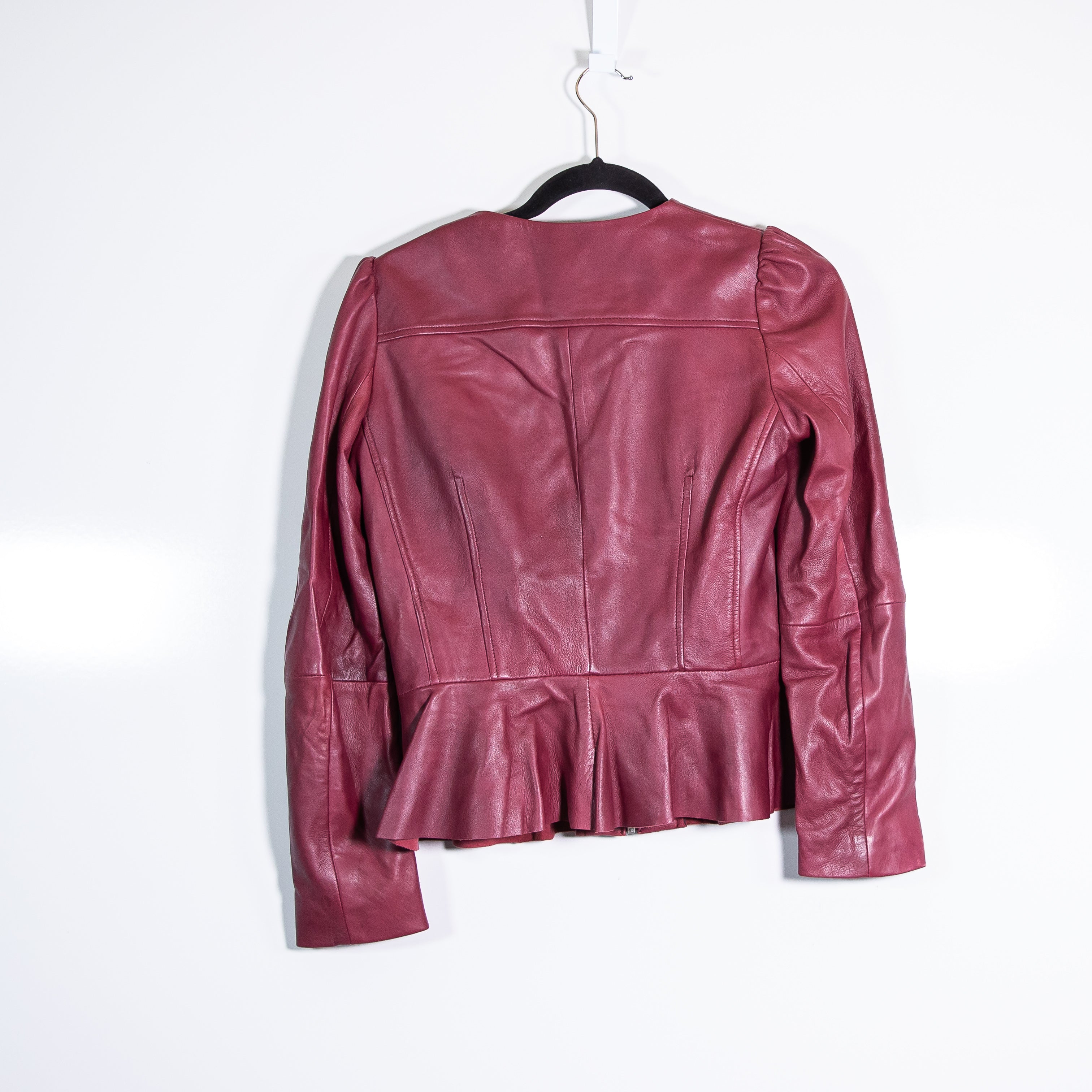 Mango Women's Genuine Leather Full Zip Up Ruffle Peplum Trim Jacket Burgandy XS