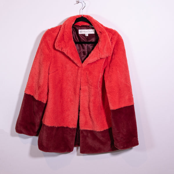 Trina Turk Blanche Faux Vegan Fur Coral Wine Colorblock Collared Jacket Coat M