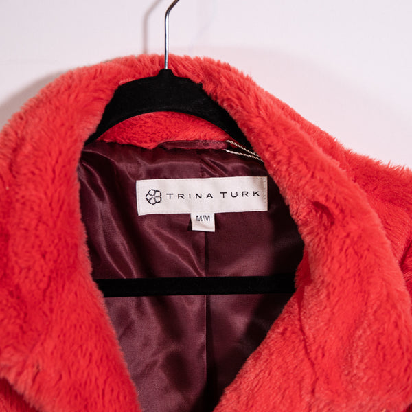 Trina Turk Blanche Faux Vegan Fur Coral Wine Colorblock Collared Jacket Coat M