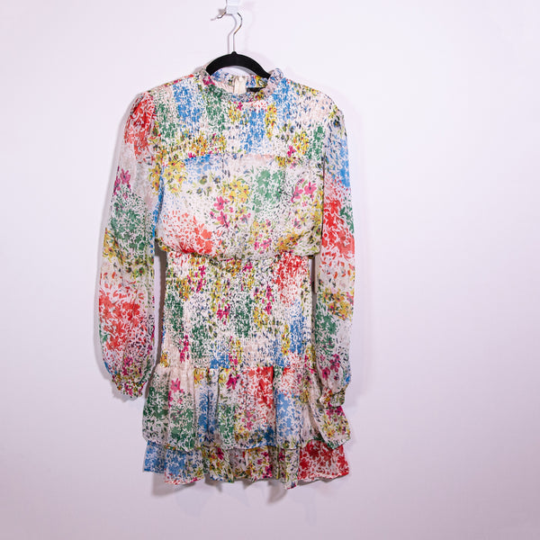 NEW Aqua Micro Floral Flower Print Pattern Chiffon Smocked Mini Ruffle Dress M